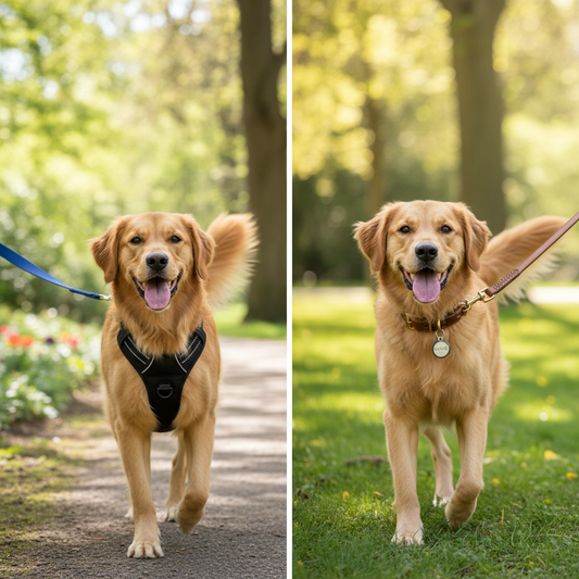 A visual comparison: harness (left) and collar (right) options for dog walks.
