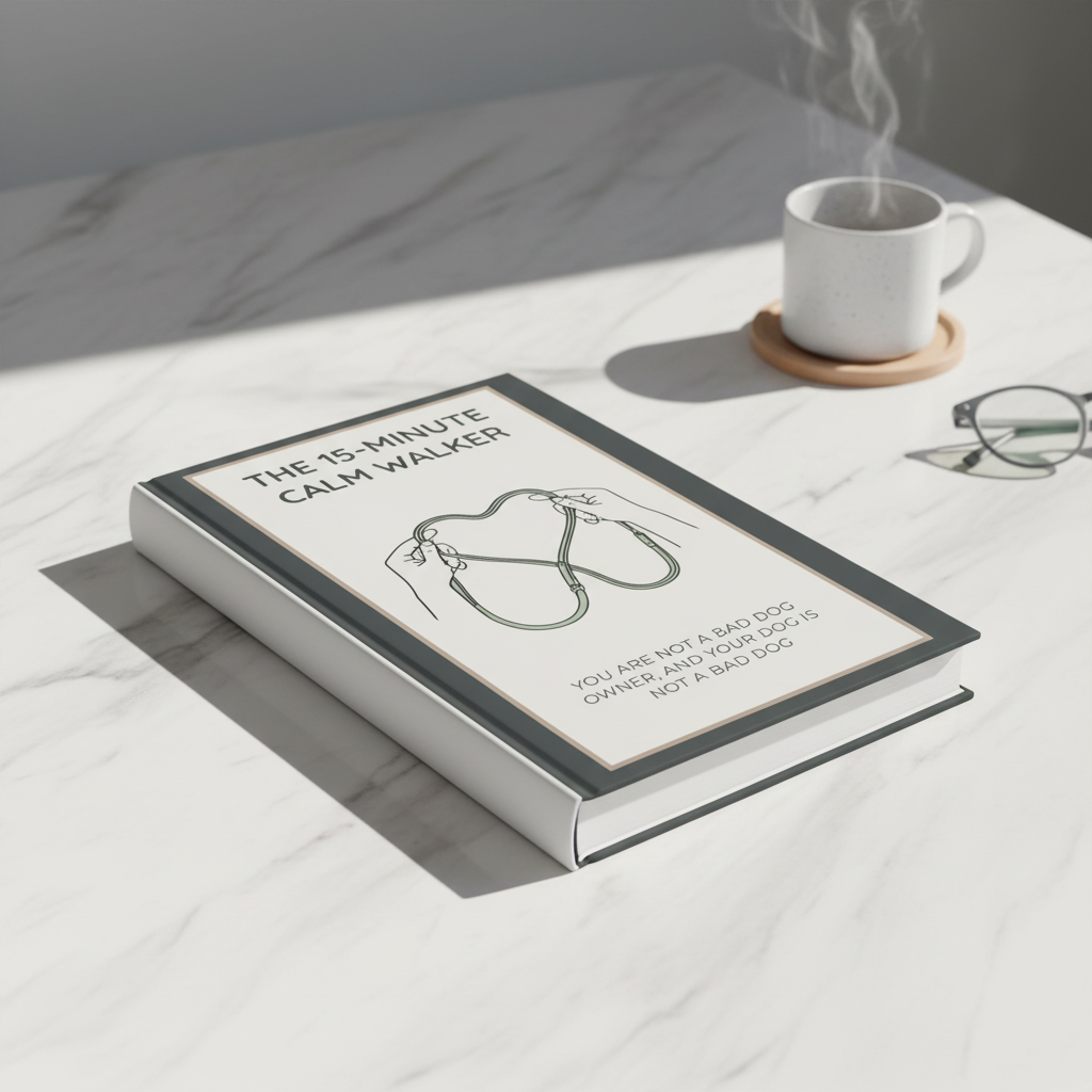 A hardcover book titled 'The 15-Minute Calm Walker' with a dark gray cover and a light cream front cover. The cover features a minimalist black line drawing of hands forming a heart shape with a leash, accompanied by humorous text.